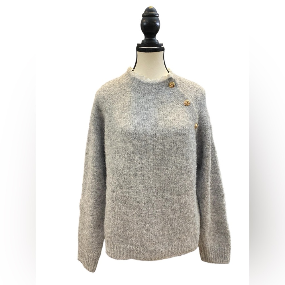INDIE + MOI Gray Sweater with Gold Button Details and Lace Neckline size M